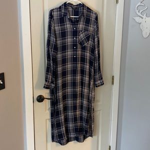 Long, plaid, semi-sheer button up shirt dress